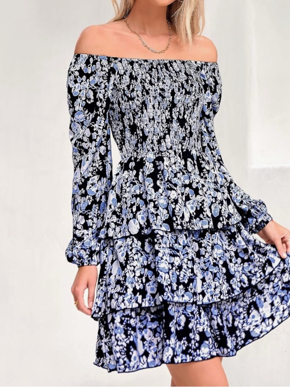 Smocked Off-Shoulder Floral Mini Dress - Black/White/Blue